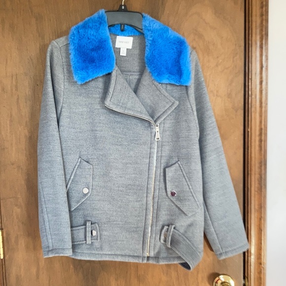 Nine West coat faux fur collar blue collar gray coat moto like style size S - Picture 10 of 17